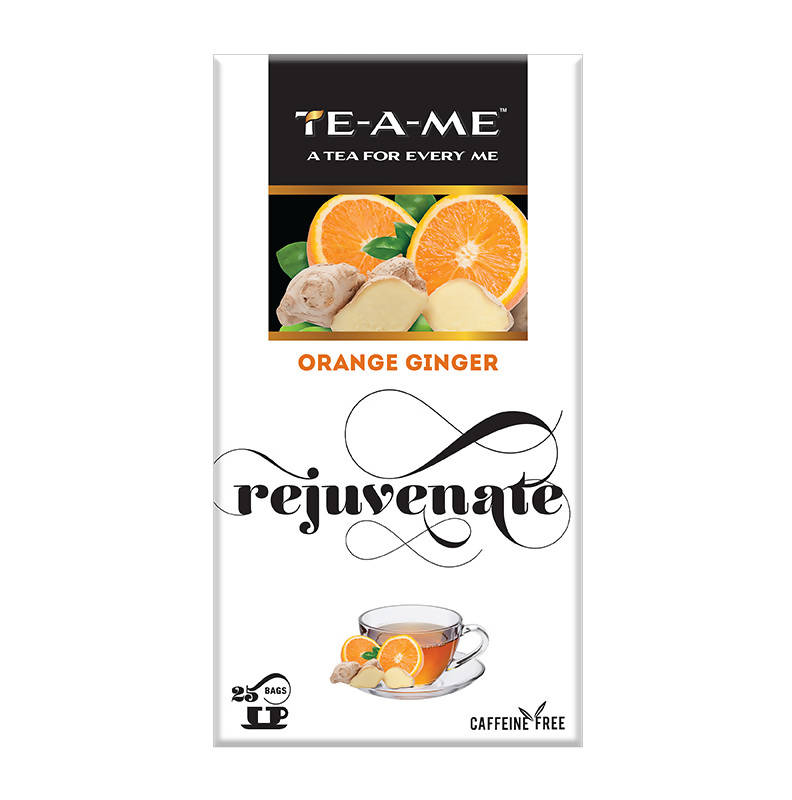 TE-A-ME Orange Ginger Rejuvenate box showing 25 tea bags and a caffeine-free statement