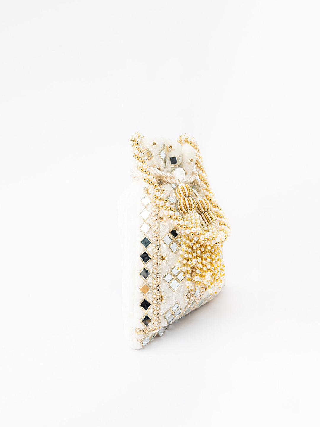 NR By Nidhi Rathi White Mirror Work Embroidered Potli Clutch | Grab2Buy