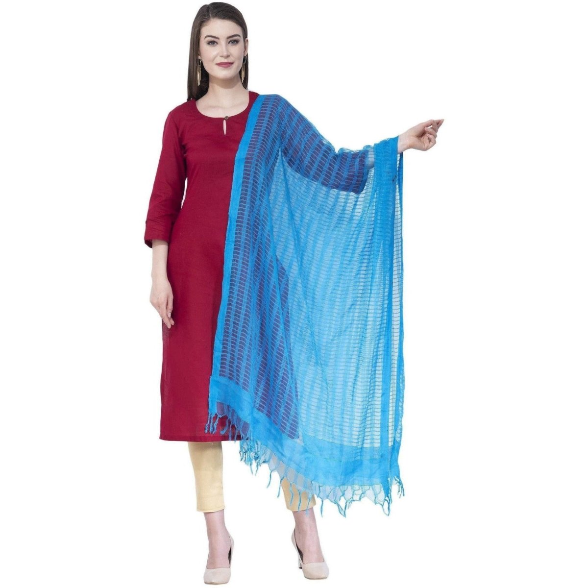 A R Silk Women's Self Check Cota Cotton Firozi Dupattas and Chunnis | Grab2Buy