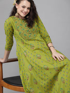 Yufta Women Green & Brown Printed A-Line Panelled Kurta | Grab2Buy