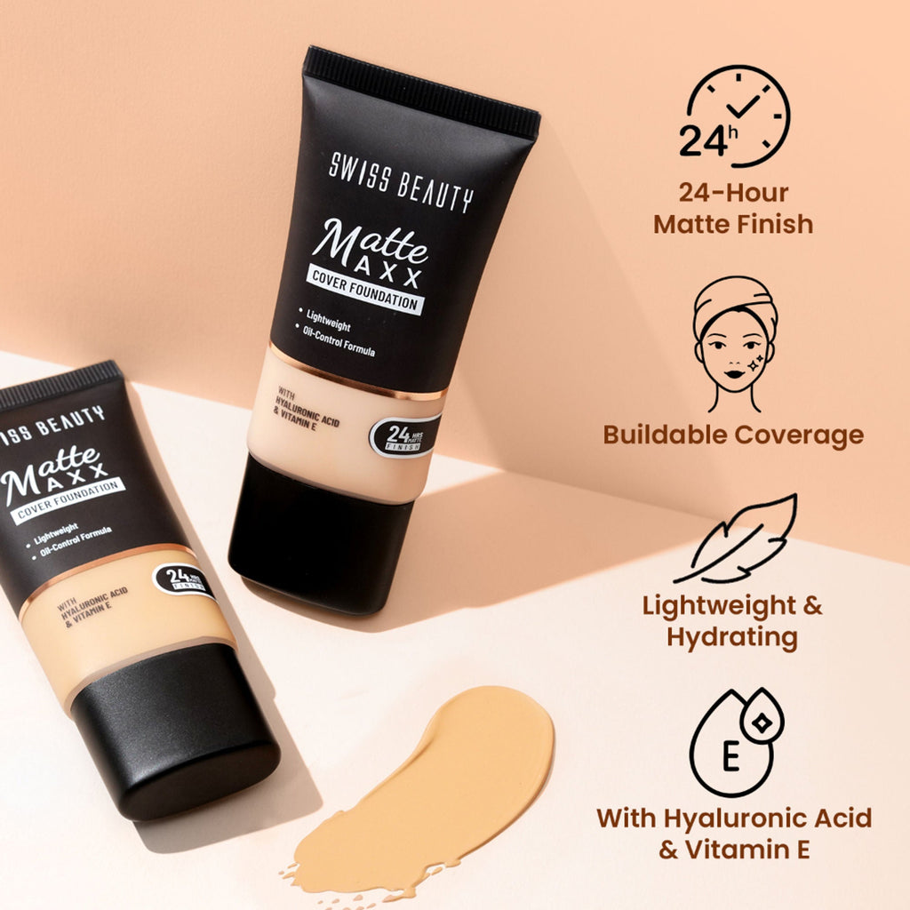 Swiss Beauty Matte Maxx Cover Foundation with Hyaluronic Acid & Vitamin E - 3 Light Warm
