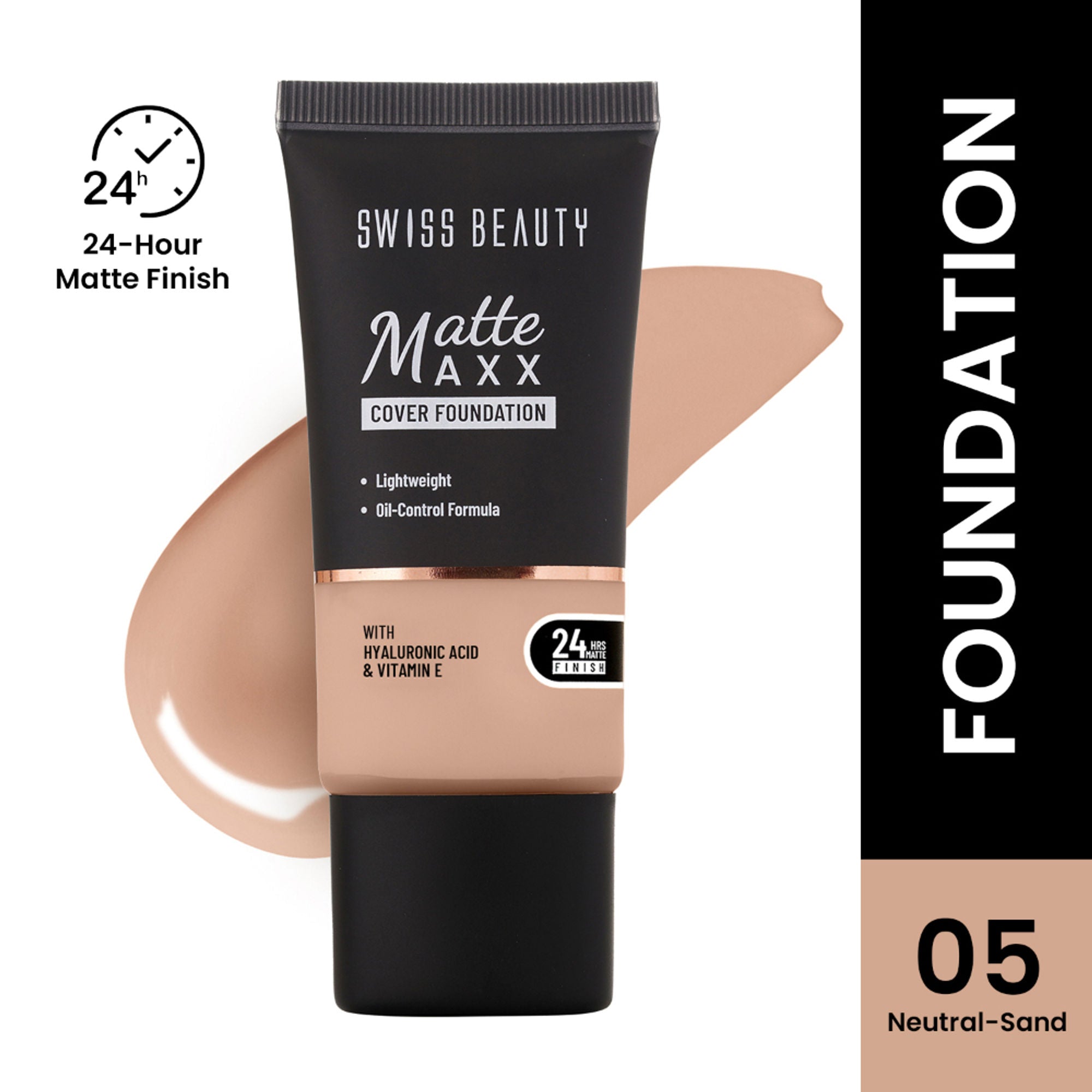 Swiss Beauty Matte Maxx Cover Foundation with Hyaluronic Acid & Vitamin E - 5 Neutral Sand | Grab2Buy