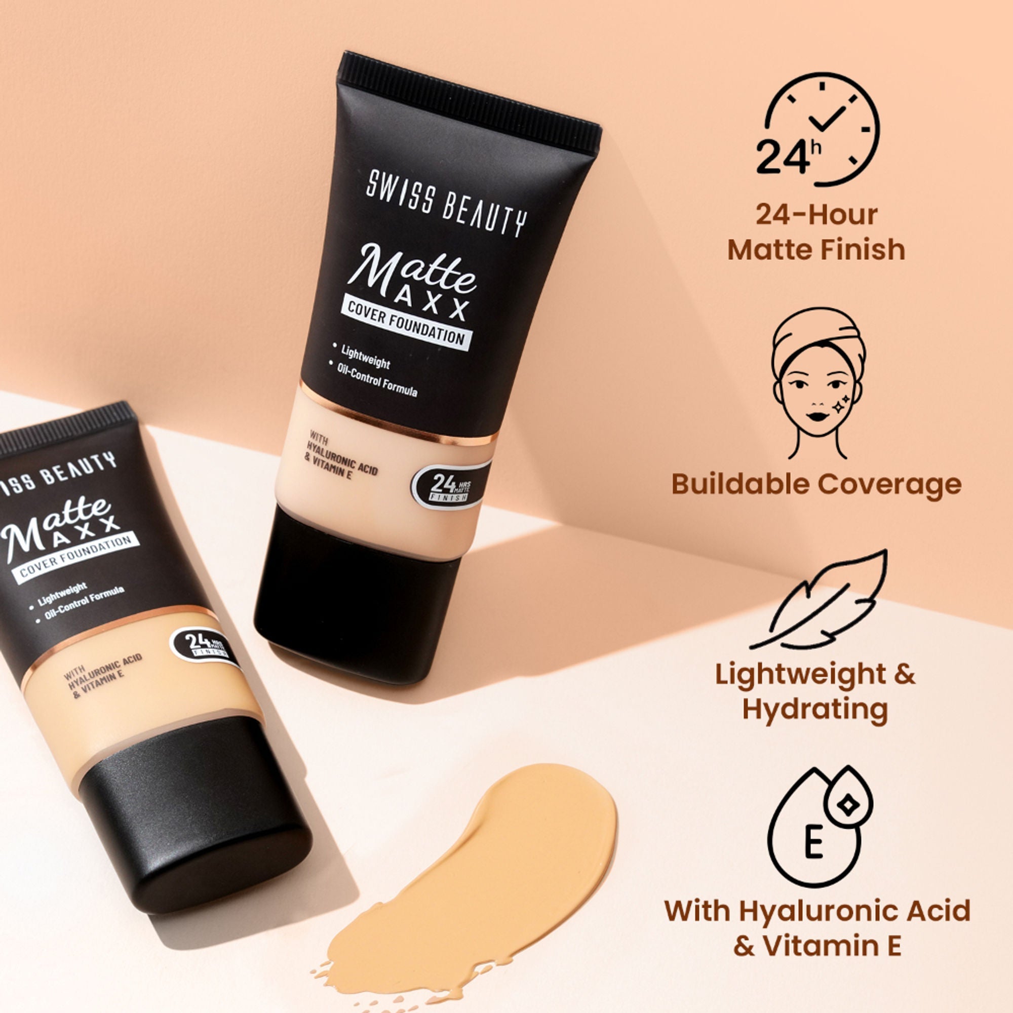 Swiss Beauty Matte Maxx Cover Foundation with Hyaluronic Acid & Vitamin E - 5 Neutral Sand | Grab2Buy
