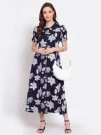 Myshka Women's Navy Blue Printed Cotton Short Sleeve Collar Neck Casual Dress | Grab2Buy