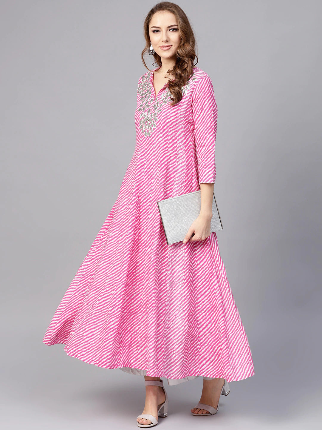 Yufta Women Pink & White Lehariya Print Anarkali Kurta | Grab2Buy
