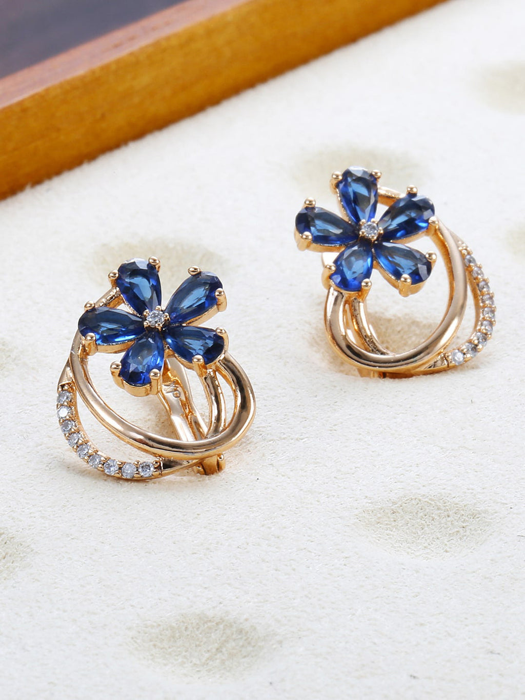 Shining Diva Rose Gold-Polished Blue Floral Studs Earrings | Grab2Buy