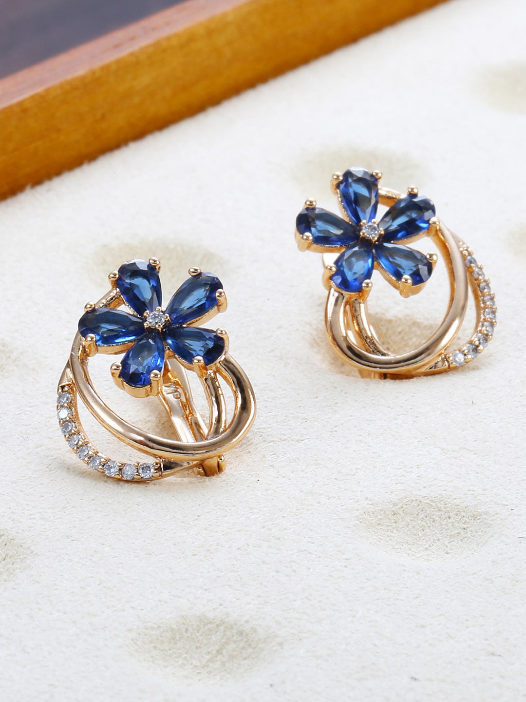 Shining Diva Rose Gold-Polished Blue Floral Studs Earrings | Grab2Buy