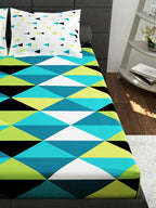 Story@home Ventura Teal & Black Geometric 152 TC Cotton Queen Bedsheet & 2 Pillow Covers