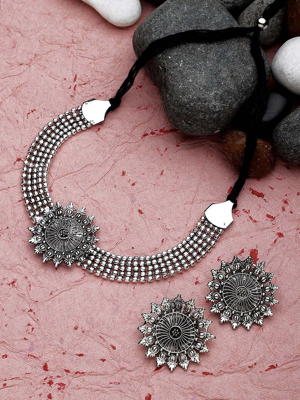 Cardinal Silver-Toned Black Oxidized Choker Necklace Set | Grab2Buy