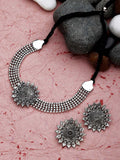 Cardinal Silver-Toned Black Oxidized Choker Necklace Set | Grab2Buy