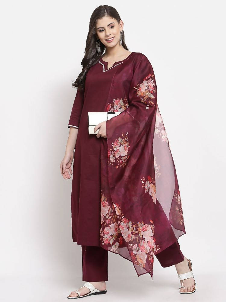 Myshka Women's Burgundy Cotton Solid 3/4 Sleeve Square Neck Casual Kurta Pant Dupatta Set | Grab2Buy