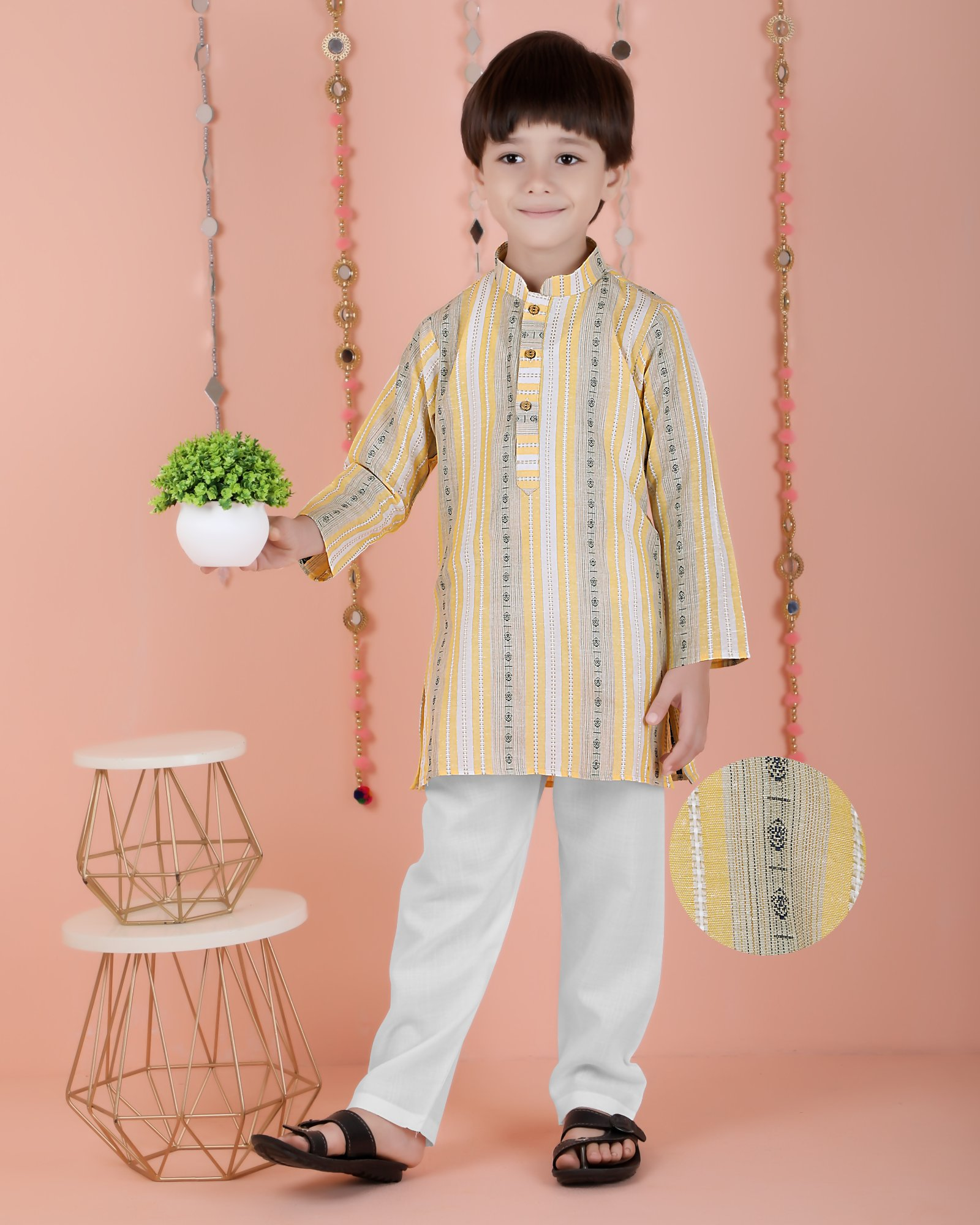 Joban Fashion Kids Island Cotton Full Sleeves Striped Kurta and Pyjama- Yellow | Grab2Buy