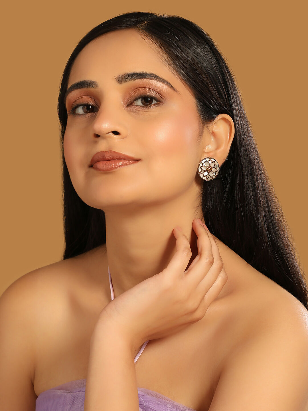 Nuyug 22K Gold Plated Mother of Pearls and Stone Studded Contemporary Floral Shaped Studs | Grab2Buy