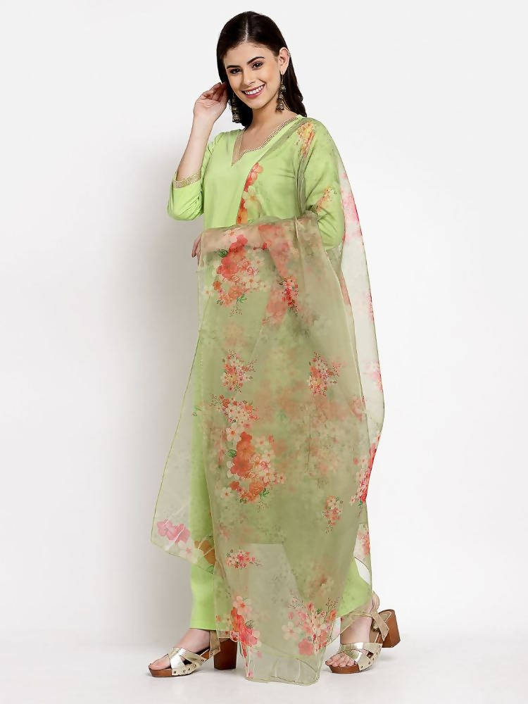 Myshka Women's Green Cotton Solid 3/4 Sleeve V Neck Casual Kurta Pant Dupatta Set | Grab2Buy