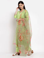 Myshka Women's Green Cotton Solid 3/4 Sleeve V Neck Casual Kurta Pant Dupatta Set | Grab2Buy