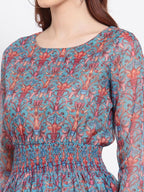 Myshka Women's Multi Printed Organza Full Sleeve Round Neck Casual Maxi Dress | Grab2Buy