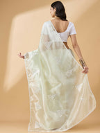 Green Tissue Slub Embroidered Saree with Unstitched Blouse - Vairagi | Grab2Buy