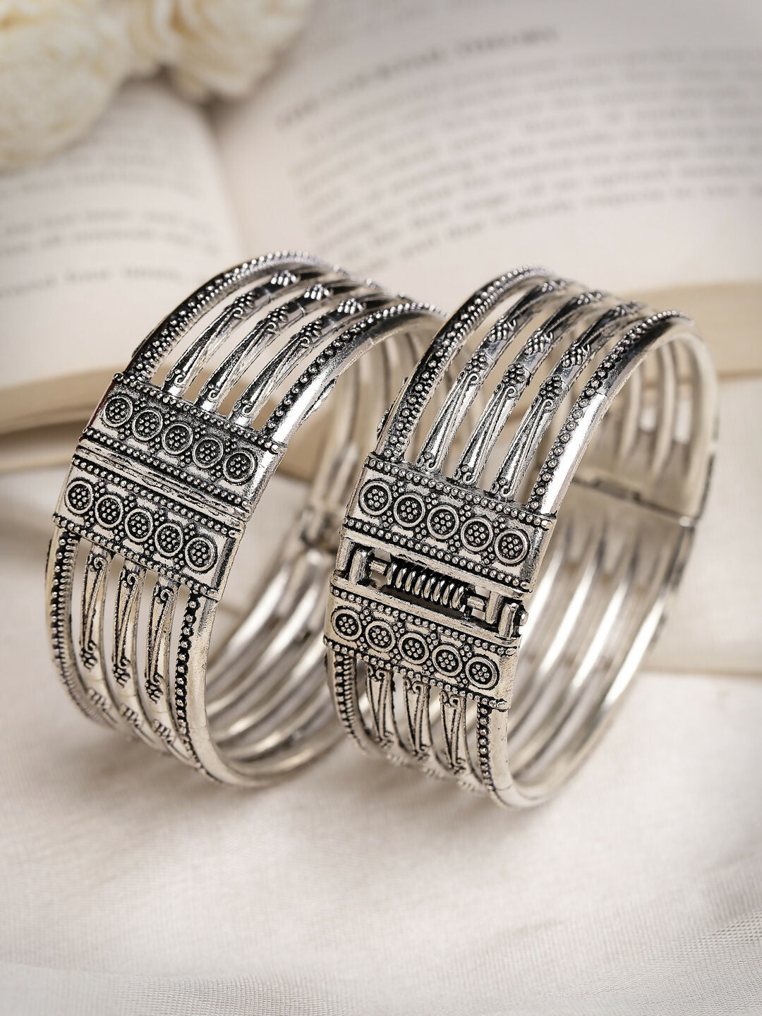 NVR Women's Silver-Toned German Silver Oxidised Kada Bangle | Grab2Buy