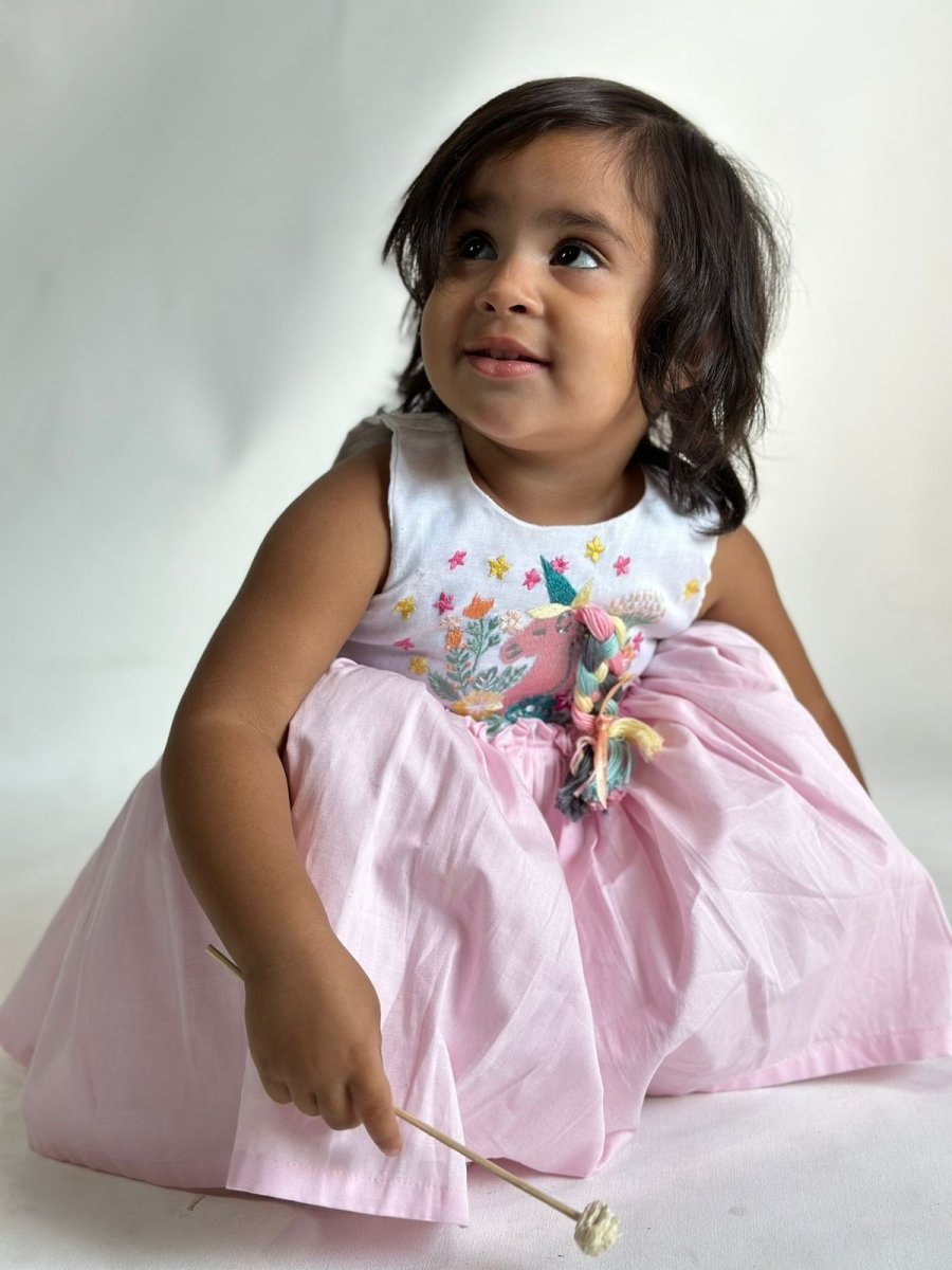 ArthLife White And Pink Unicorn Embroidered Dress | Grab2Buy