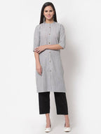 Myshka Women's Grey Cotton Stripe Pattern 3/4 Sleeve Round Neck Grey Kurti | Grab2Buy