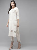 Yufta Women White Ethnic Motifs Printed Thread Work Kurta with Trouser & With Dupatta | Grab2Buy