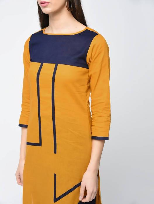 Aniyah Cotton Color Block Straight Kurta In Mustard Color (AN-102K) | Grab2Buy