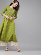 Yufta Women Green & Brown Printed A-Line Panelled Kurta | Grab2Buy