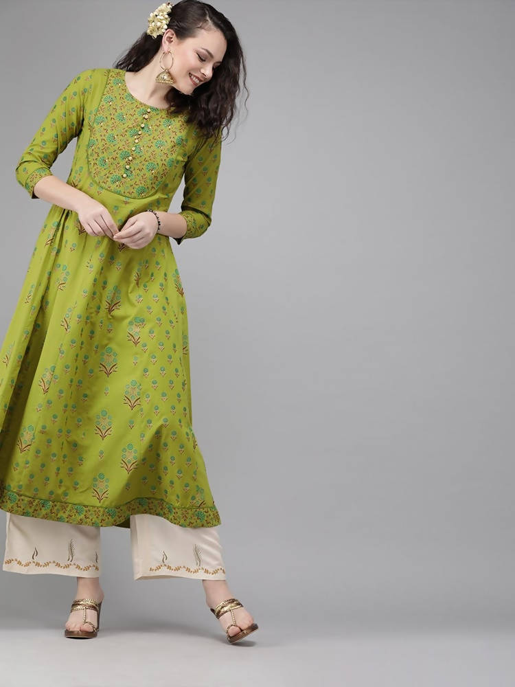 Yufta Women Green & Brown Printed A-Line Panelled Kurta | Grab2Buy