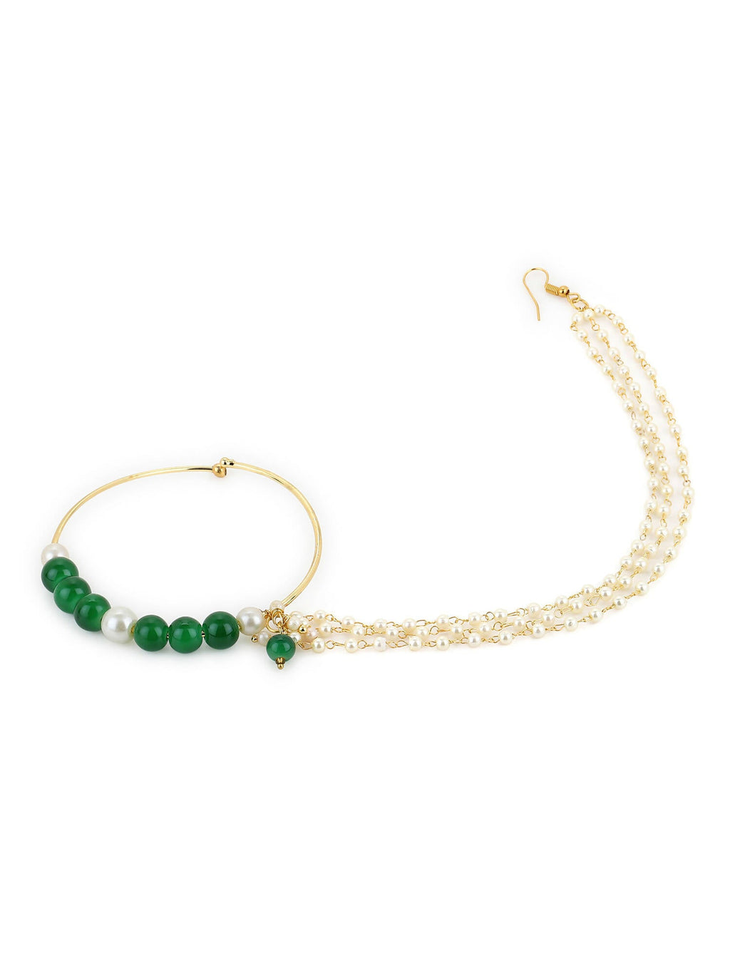 Gold-Polished White Green Stone-Studded Pearl Beaded Nosepin - Ruby Raang | Grab2Buy