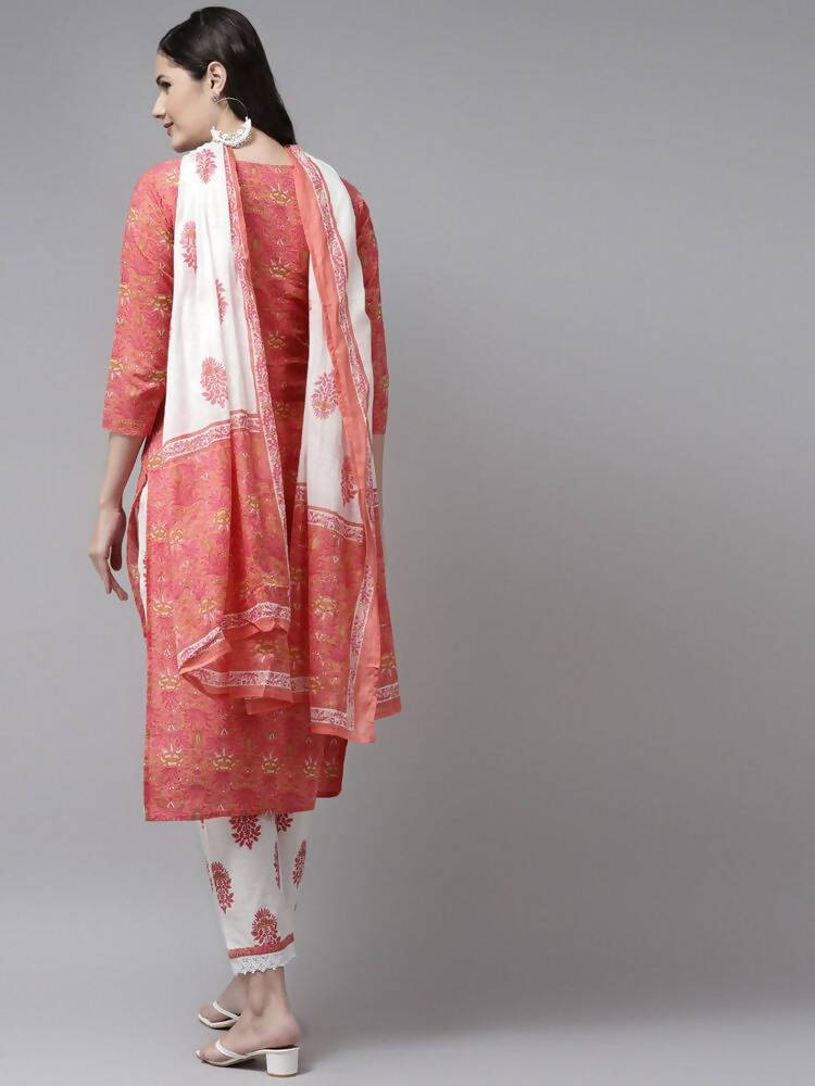 Yufta Women Pink & White Ethnic Motifs Printed Mirror Work Kurta with Palazzo & Dupatta | Grab2Buy