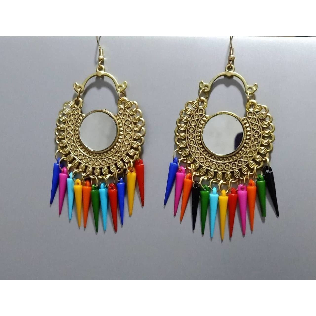 MS Fashion India Gold Color Latest Design Chandbali Mirror Multi Color Alloy Drops Tassel Earrings | Grab2Buy