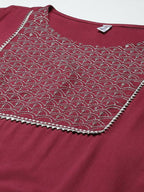 Yufta Women Burgundy Yoke Design Regular Sequinned Kurta with Palazzos & With Dupatta | Grab2Buy