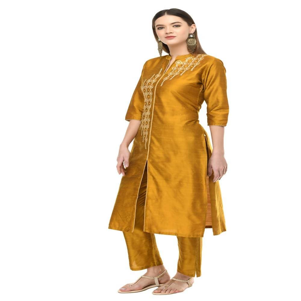 Lagi Women's Mustard Poly silk Straight Embroidred Kurta & Pant (RO115C) | Grab2Buy