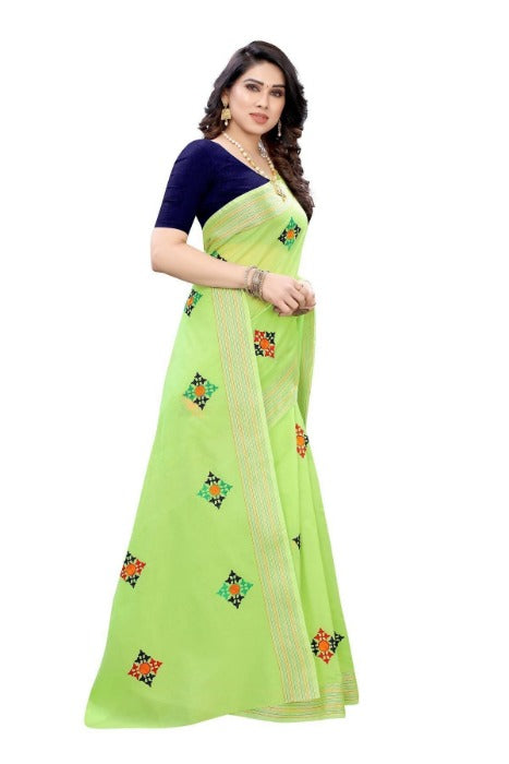 Vamika Chanderi Cotton Embroidery Green Saree (Dixa Green) | Grab2Buy