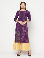 Aniyah Cotton Foil Print Purple Straight Kurta | Grab2Buy