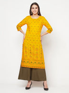 Aniyah Rayon Screen Print Mustard Straight Kurta | Grab2Buy