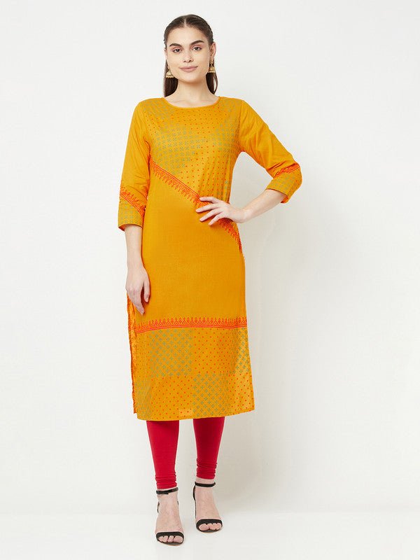 Aniyah Cotton Block Print Mustard Color Straight Kurta | Grab2Buy