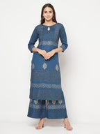 Aniyah Rayon Block Print Blue Straight Kurta Palazzo Set | Grab2Buy