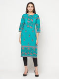 Aniyah Turquoise Cotton Block Print Straight Kurta | Grab2Buy