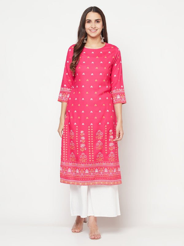 Aniyah Rayon Screen Print Fuchsia Straight Kurta | Grab2Buy