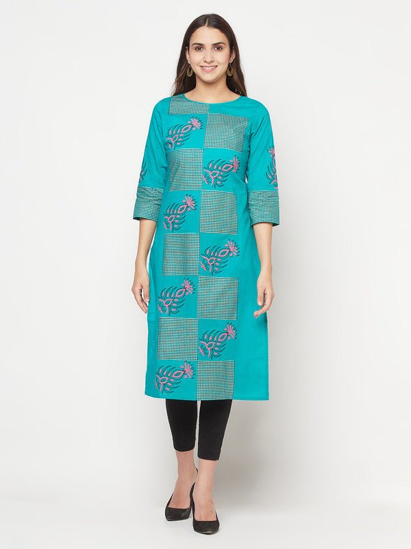 Aniyah Cotton Block Print Turquoise Straight Kurta | Grab2Buy