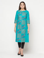 Aniyah Cotton Block Print Turquoise Straight Kurta | Grab2Buy