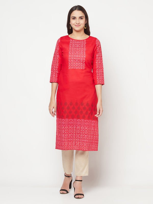 Aniyah Cotton Block Print Red Straight Kurta | Grab2Buy