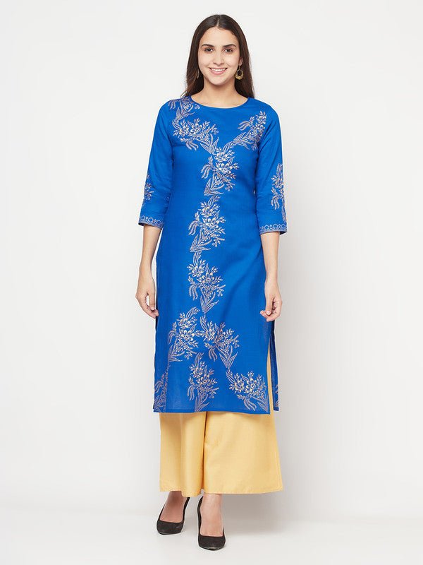 Aniyah Cotton Foil Print Royal Blue Straight Kurta | Grab2Buy