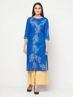 Aniyah Cotton Foil Print Royal Blue Straight Kurta | Grab2Buy