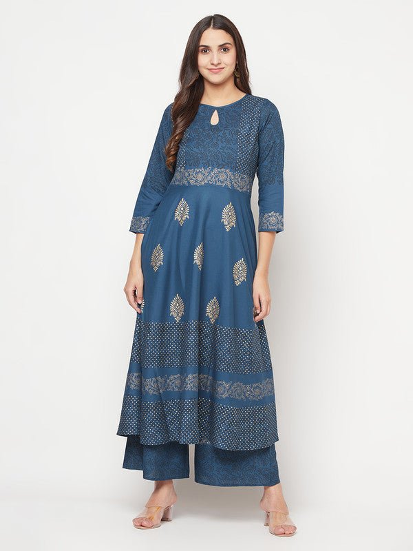 Aniyah Rayon Block Print Blue Anarkali Palazzo Set | Grab2Buy
