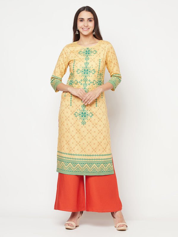 Aniyah Rayon Digital Screen Print Golden Beige Straight Kurta | Grab2Buy