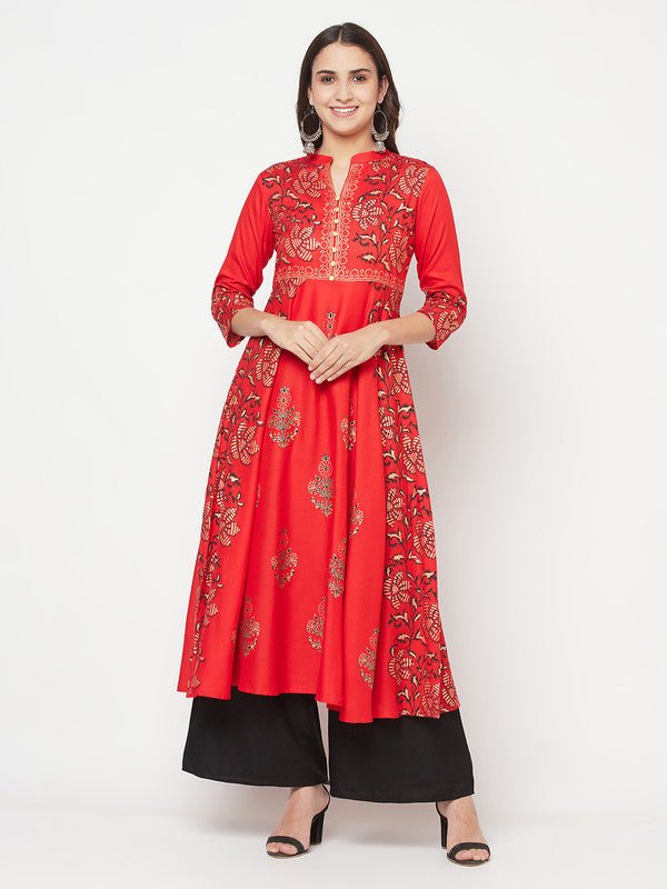 Aniyah Rayon Block Print Red Anarkali Kurta | Grab2Buy