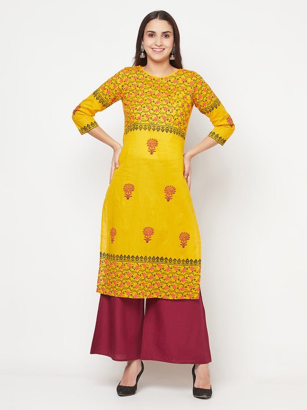 Aniyah Mustard Cotton Block Print Straight Kurta | Grab2Buy