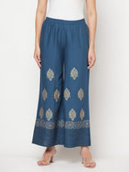 Aniyah Rayon Block Print Flared Slip-on Blue Palazzo | Grab2Buy